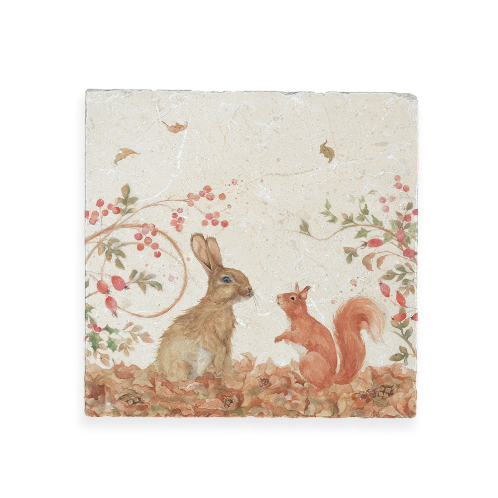 Marble cheese platter - Rabbit & squirrel winter companions (square)